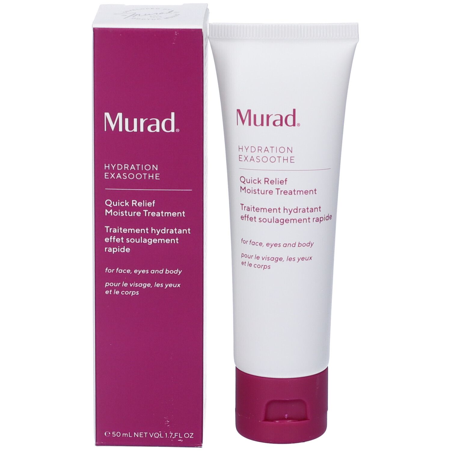 Confezione del prodotto, scatola. Scritta: Murad, Hydration Exasoothe, Quick Relief Moisture Treatment.
