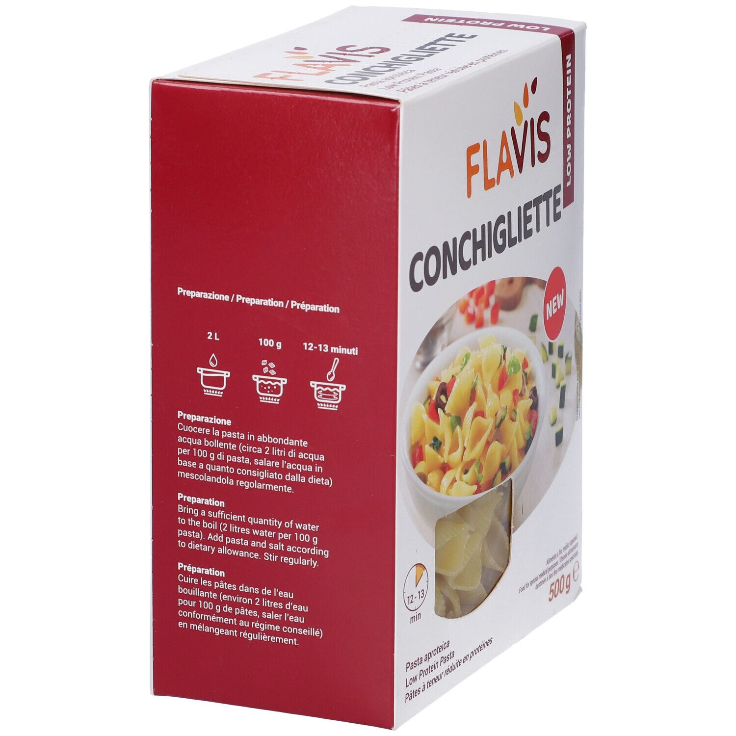 Confezione Conchigliette Aproteiche. Logo Flavis. Istruzioni di cottura con simboli. « Low Protein ».
