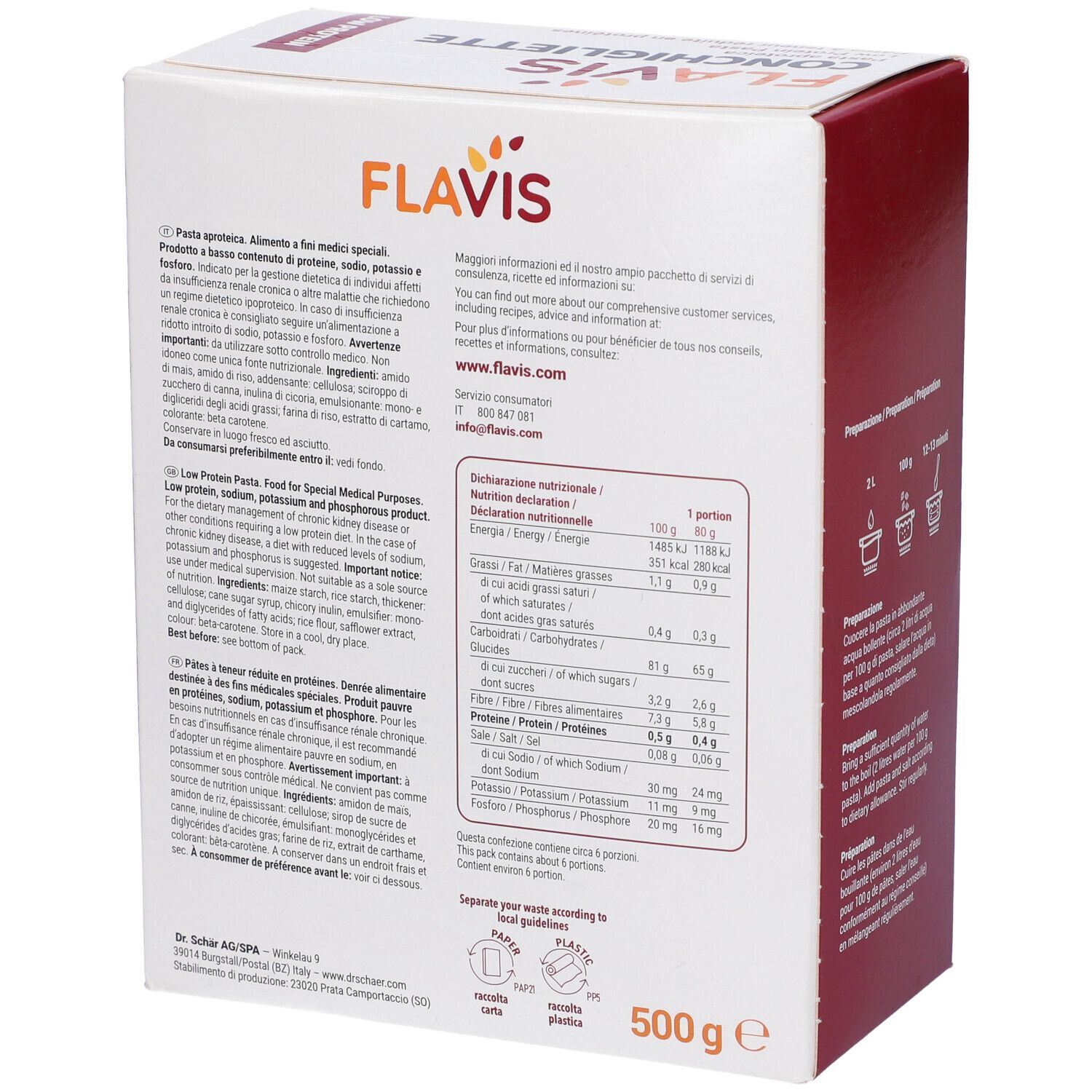 Retro confezione Conchigliette Aproteiche. Valori nutrizionali, ingredienti, informazioni per uso medico.