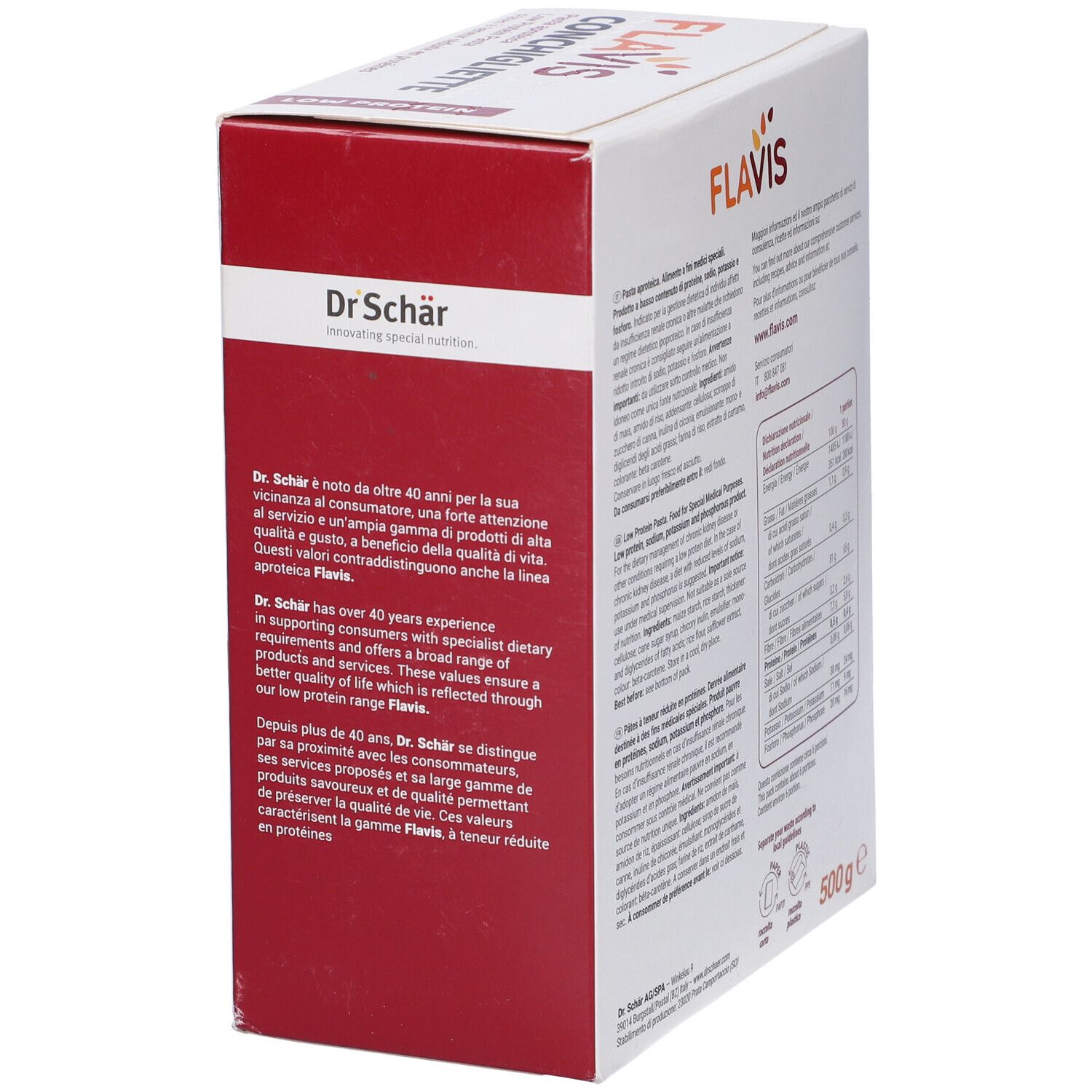 Lato confezione Conchigliette Aproteiche. Logo Dr. Schär. Testo sull'azienda e i prodotti.