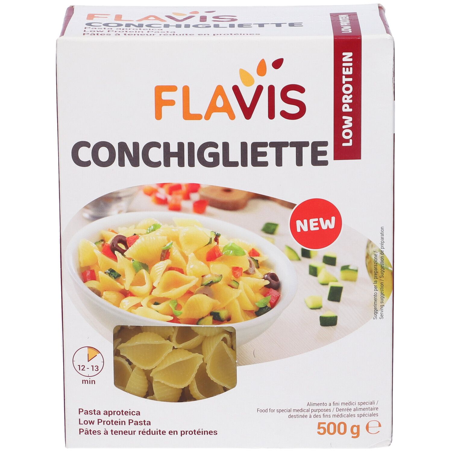 Confezione Conchigliette Aproteiche. Logo Flavis, nome prodotto, « Low Protein ». Immagine pasta con verdure.
