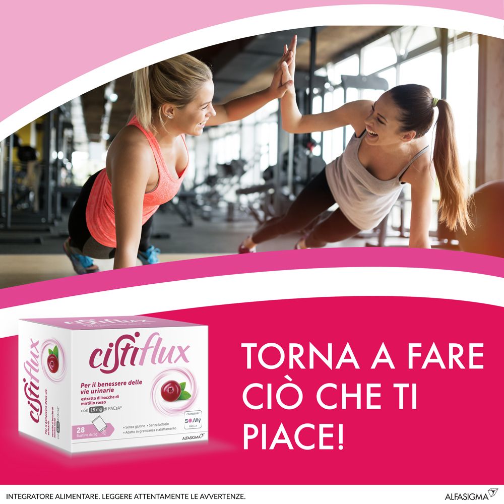 Due donne si allenano in palestra. Confezione di Cistiflux in primo piano. Testo: Torna a fare ciò che ti piace!