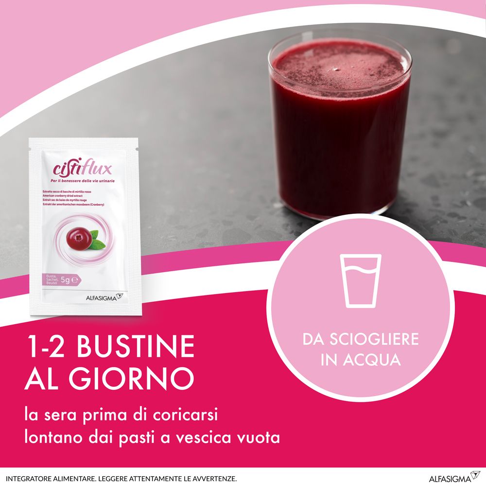 Bicchiere con bevanda rossa e bustina di Cistiflux. Testo: 1-2 bustine al giorno. Da sciogliere in acqua.