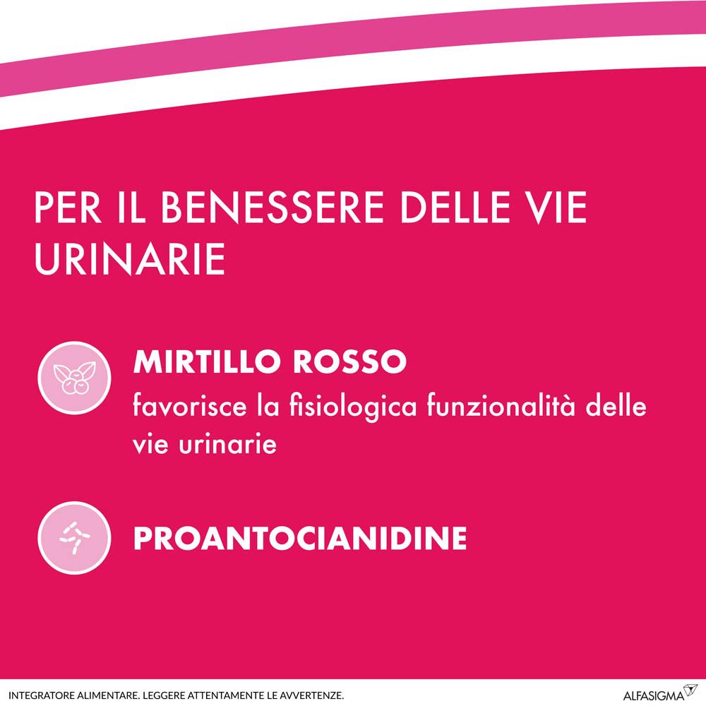 Testo su sfondo rosa: Per il benessere delle vie urinarie. Mirtillo rosso. Proantocianidine.