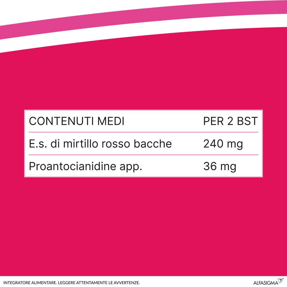 Tabella ingredienti: Mirtillo rosso, Proantocianidine. Per 2 bustine: 240 mg, 36 mg.