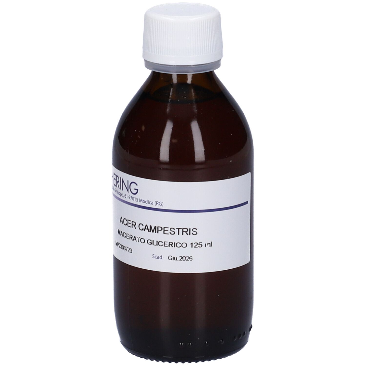 Flacone di vetro marrone con tappo bianco. Etichetta con testo: Acer Campestris Macerato Glicerico. Marchio HERING.