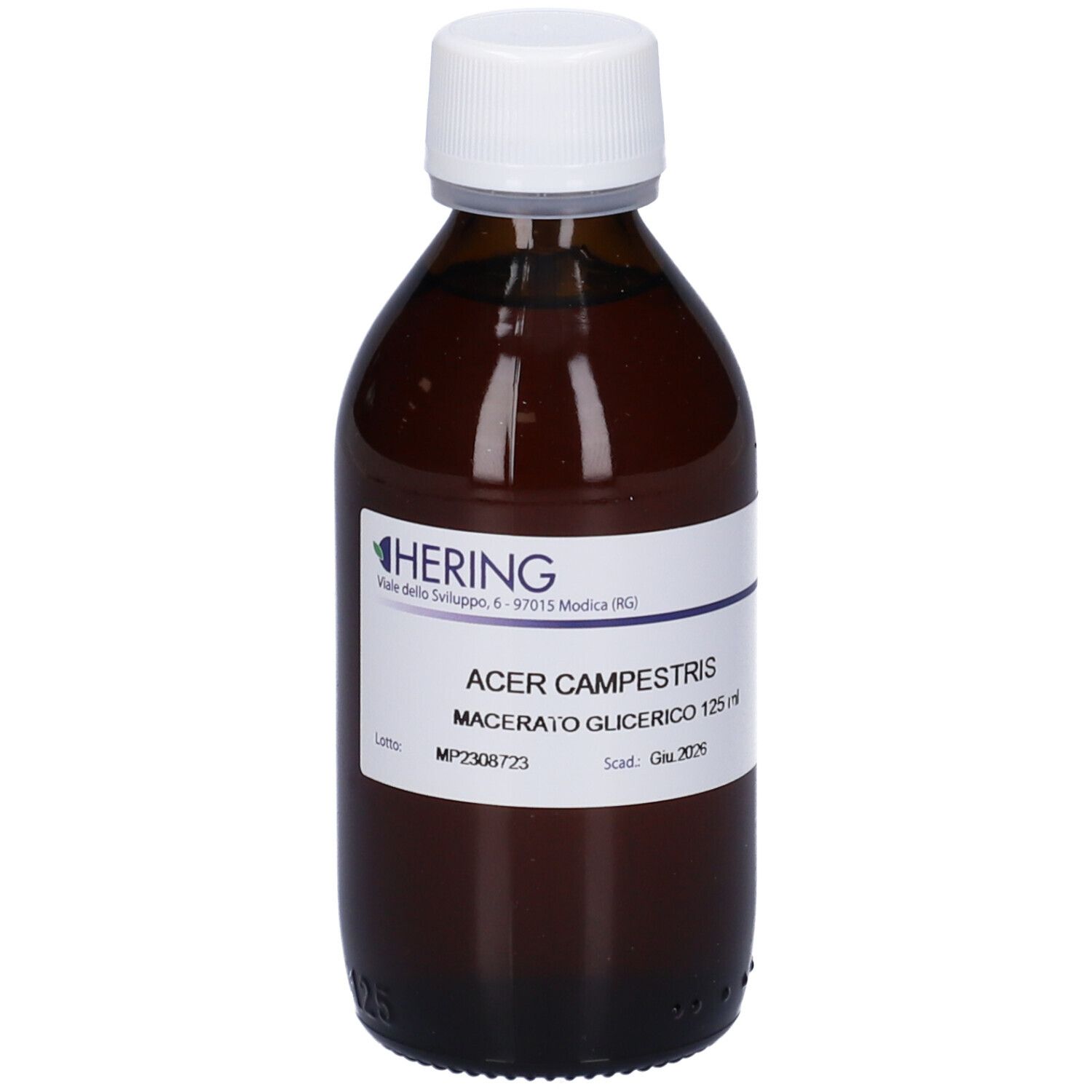 Flacone di vetro marrone con tappo bianco. Etichetta con testo: Acer Campestris Macerato Glicerico. Marchio HERING.