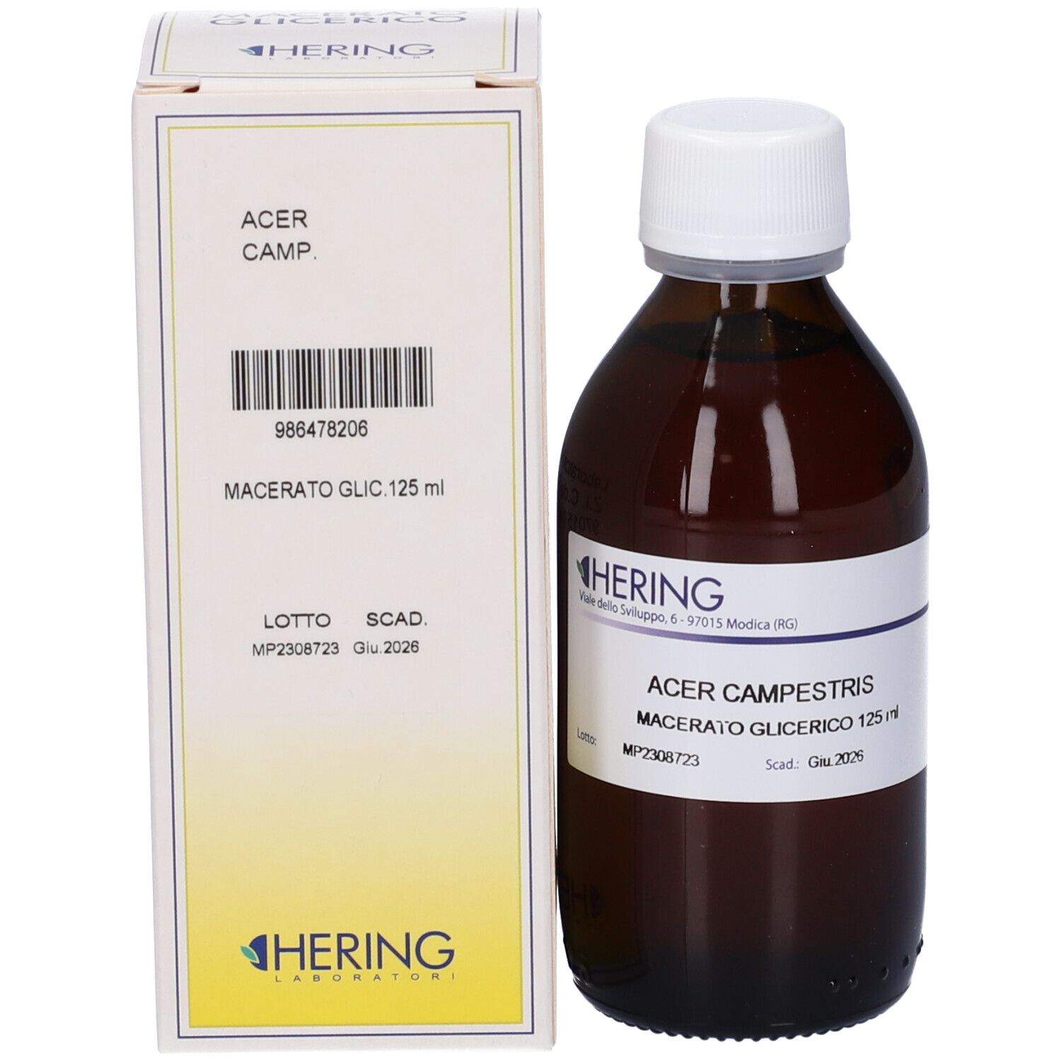 Flacone di vetro marrone e scatola. Sul flacone, Acer Campestris Macerato Glicerico. Marchio HERING.
