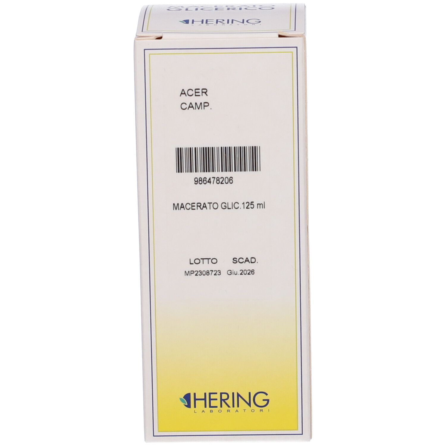 Scatola con testo: Acer Campestris Macerato Glicerico. Marchio HERING. Codice a barre e altre informazioni.