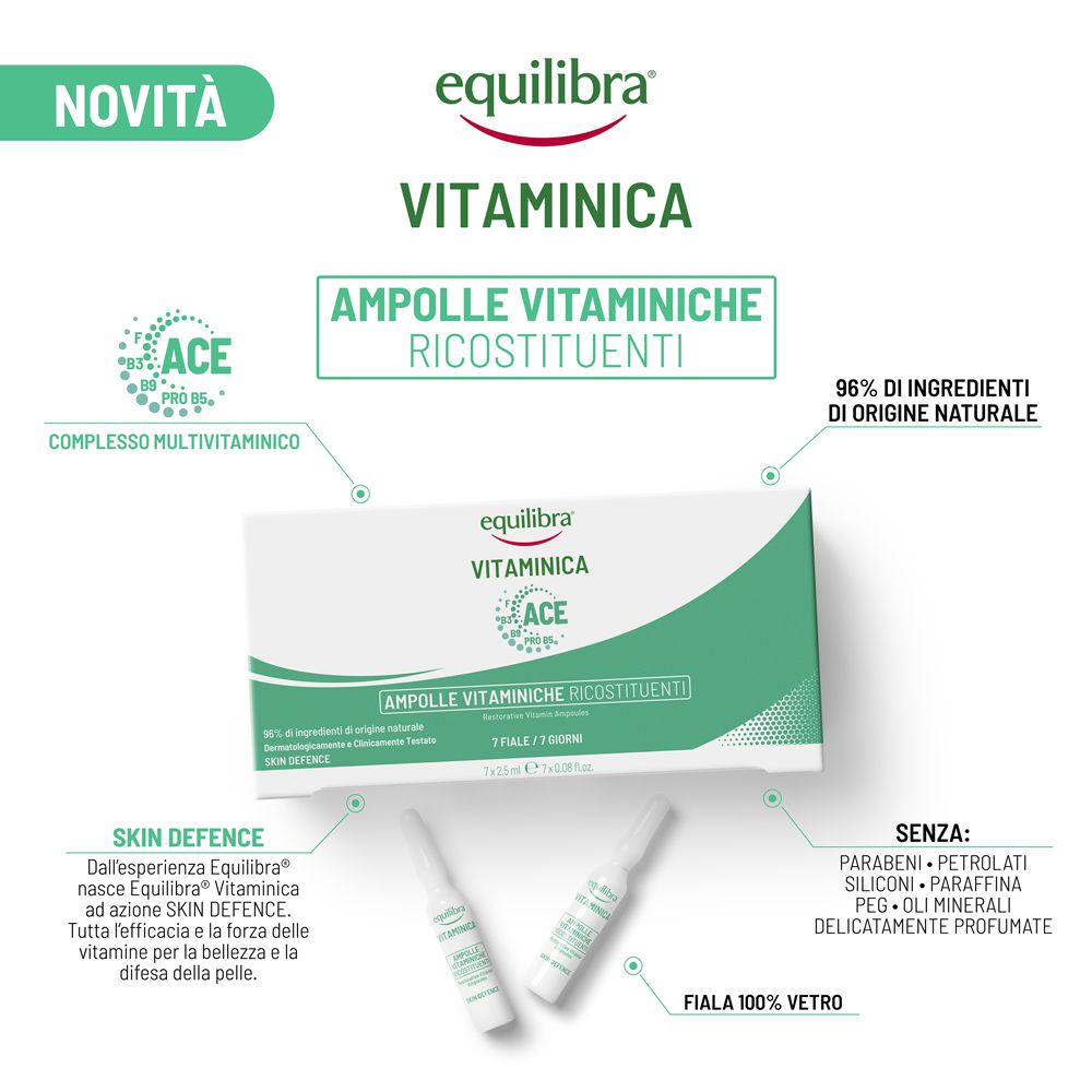 Confezione di ampoule Vitaminica Equilibra. 96% ingredienti naturali. Senza parabeni. Fiala in vetro. Novità.
