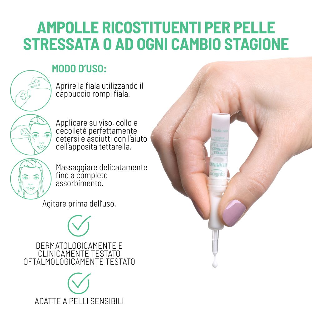Applicazione delle ampoule. Viso, collo e décolleté. Testato dermatologicamente e oftalmologicamente. Adatto pelli sensibili.