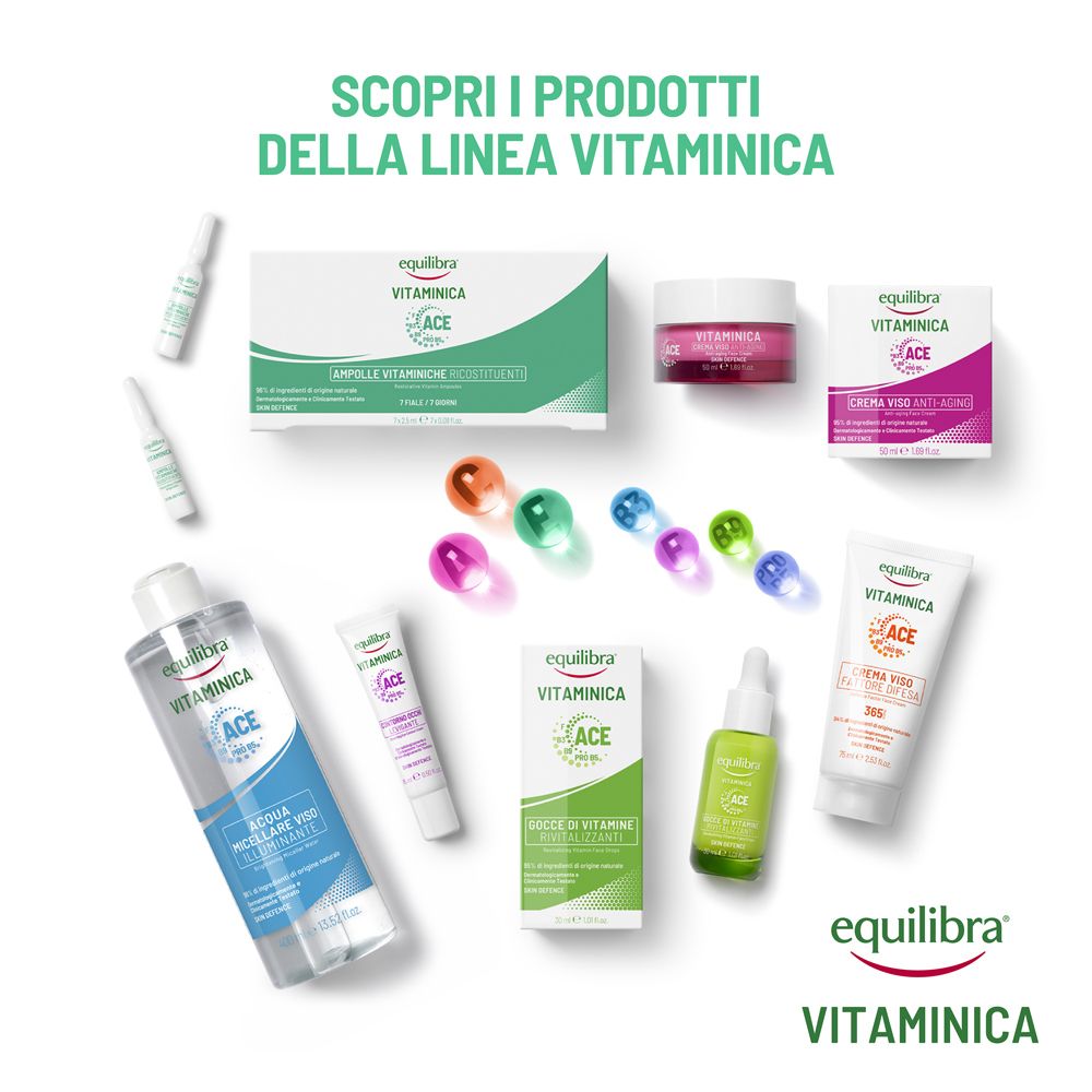 Vari prodotti della linea Vitaminica. Creme, sieri, detergenti, ampoule. Marca Equilibra.