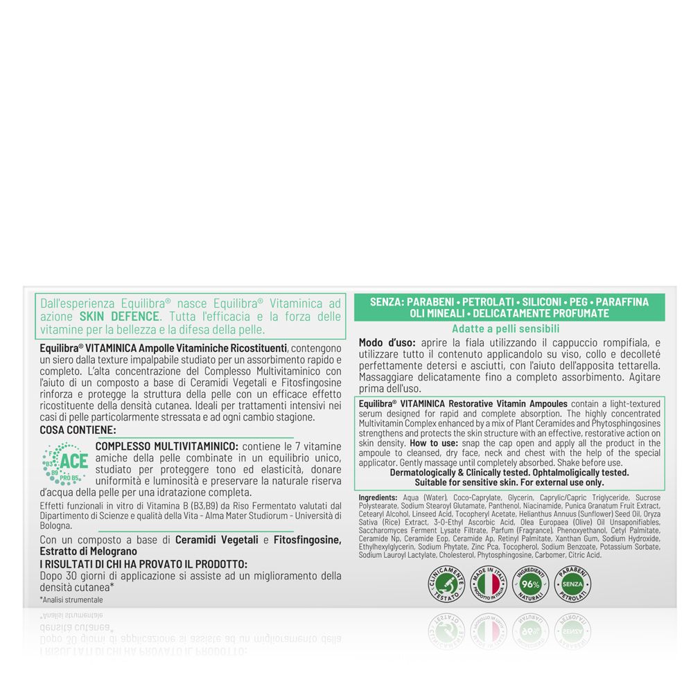 Testo sulla confezione. Ingredienti, uso, risultati. Marca Equilibra, prodotto Vitaminica Ampolle.