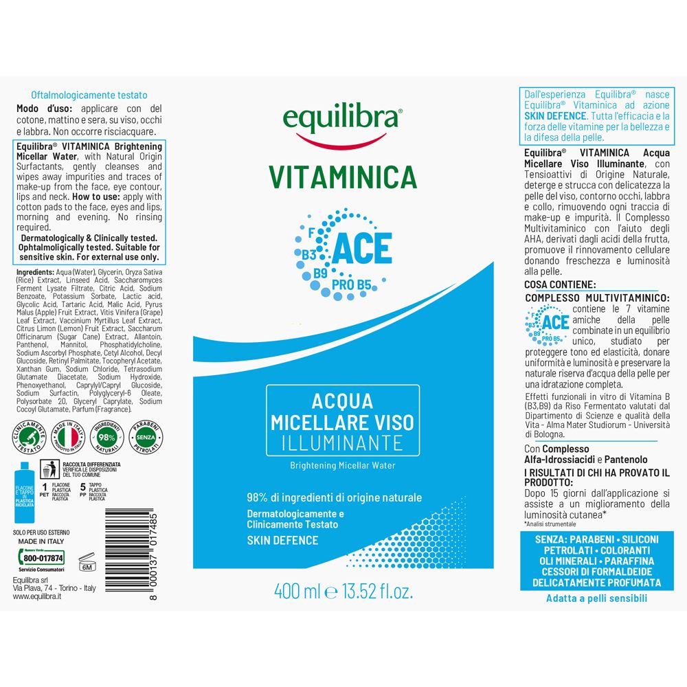 Equilibra Vitaminica Acqua Micellare Viso Illuminante