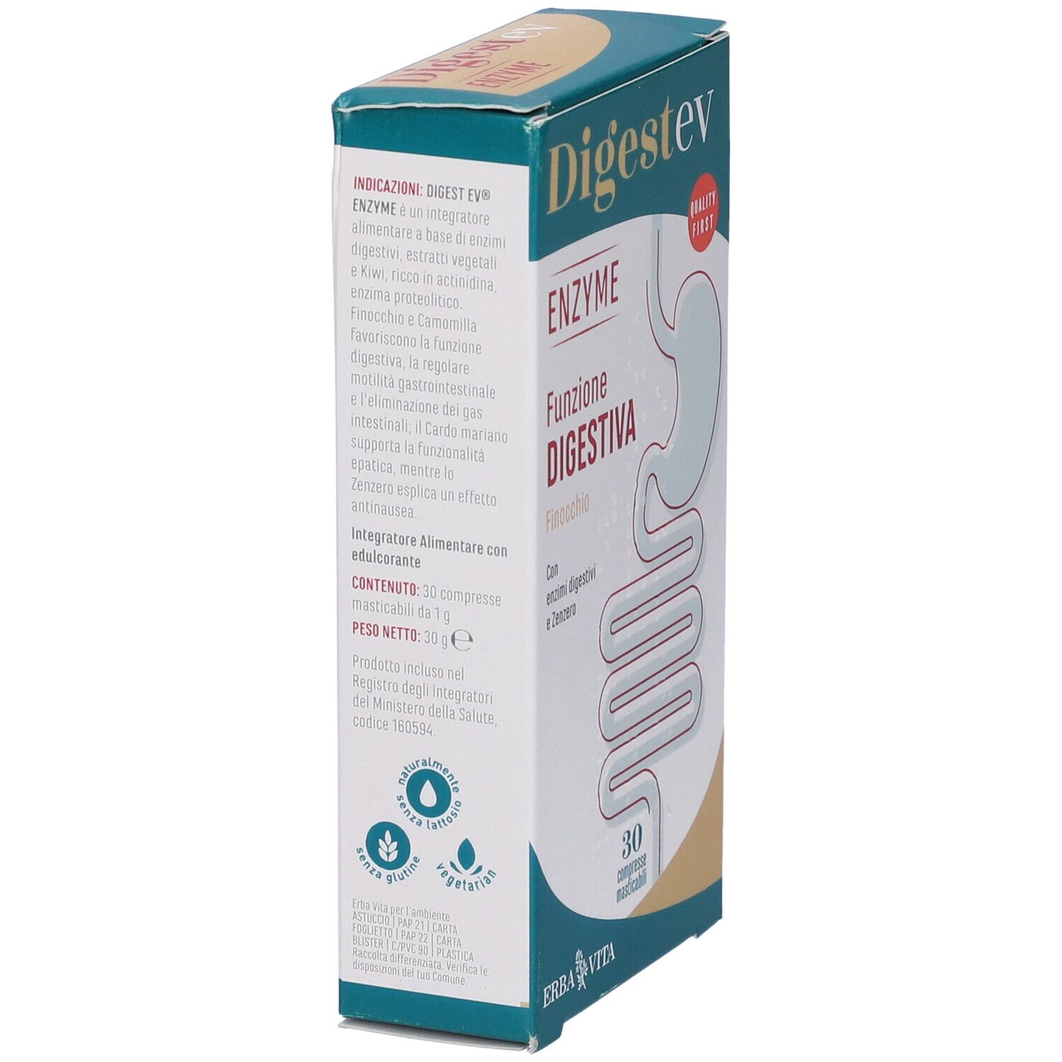Confezione Digestev Enzyme, 30 compresse. Illustrazione apparato digerente. Marchio Erba Vita.