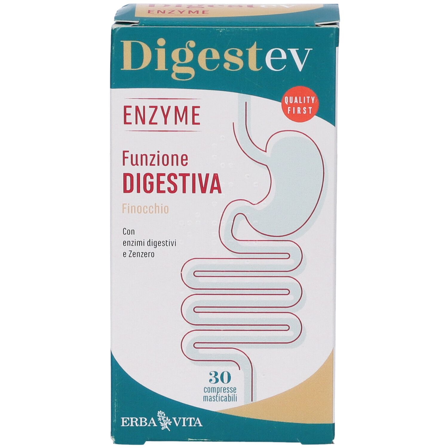 Vista laterale confezione Digestev Enzyme. Contiene ingredienti. Marchio Erba Vita.