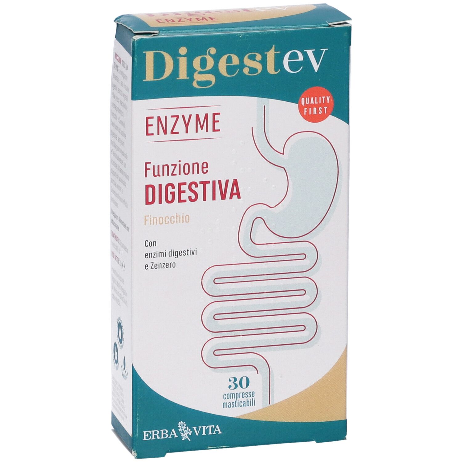 Confezione Digestev Enzyme, 30 compresse. Illustrazione apparato digerente. Marchio Erba Vita.