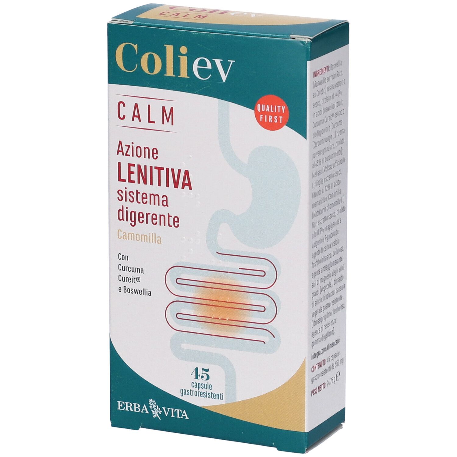 Scatola di capsule Coliev Calm. Calm, Azione Lenitiva sistema digerente. 45 capsule. Marchio: Erba Vita. Marchio di qualità.