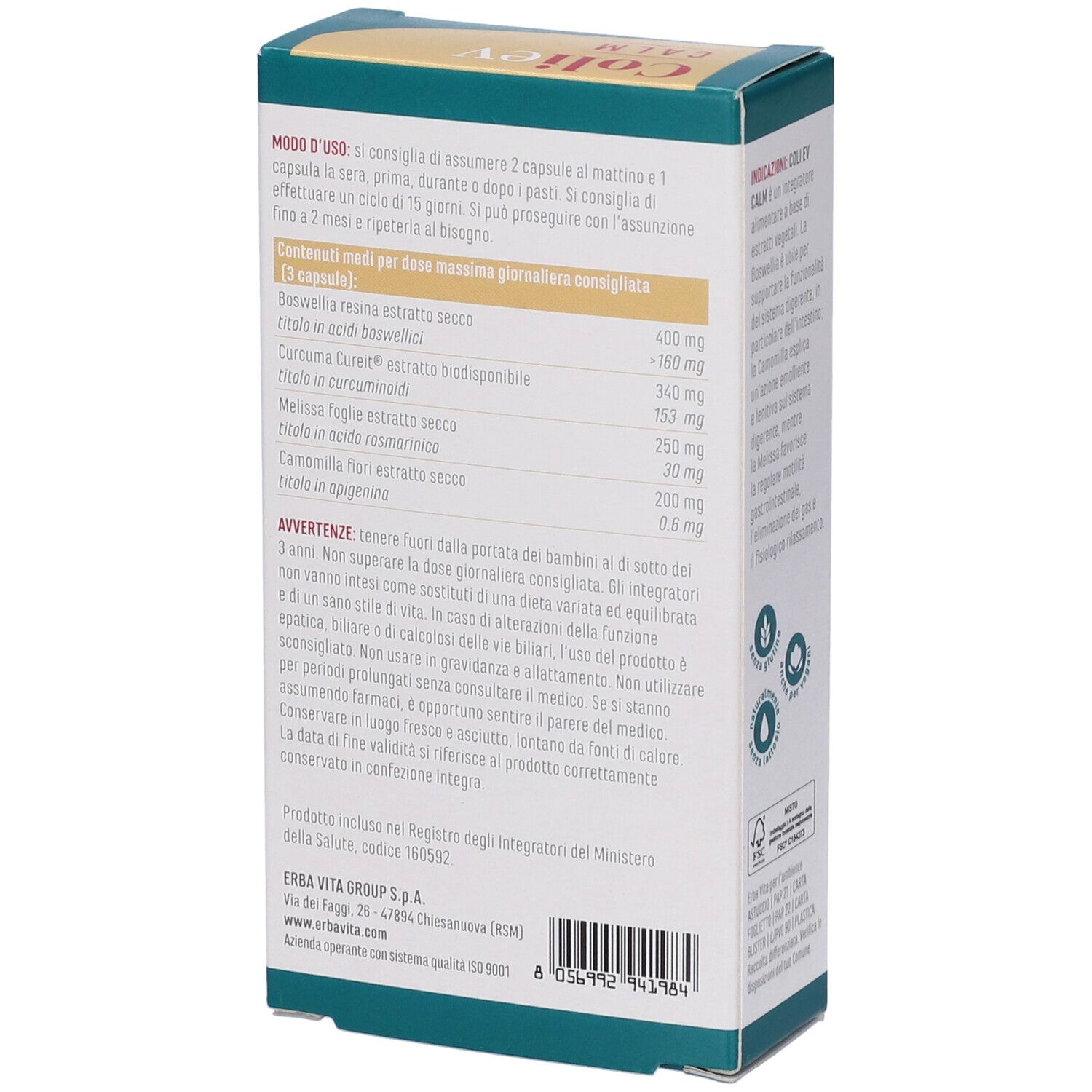 Scatola di capsule Coliev Calm. Calm, Azione Lenitiva sistema digerente. 45 capsule. Marchio: Erba Vita. Retro con ingredienti.
