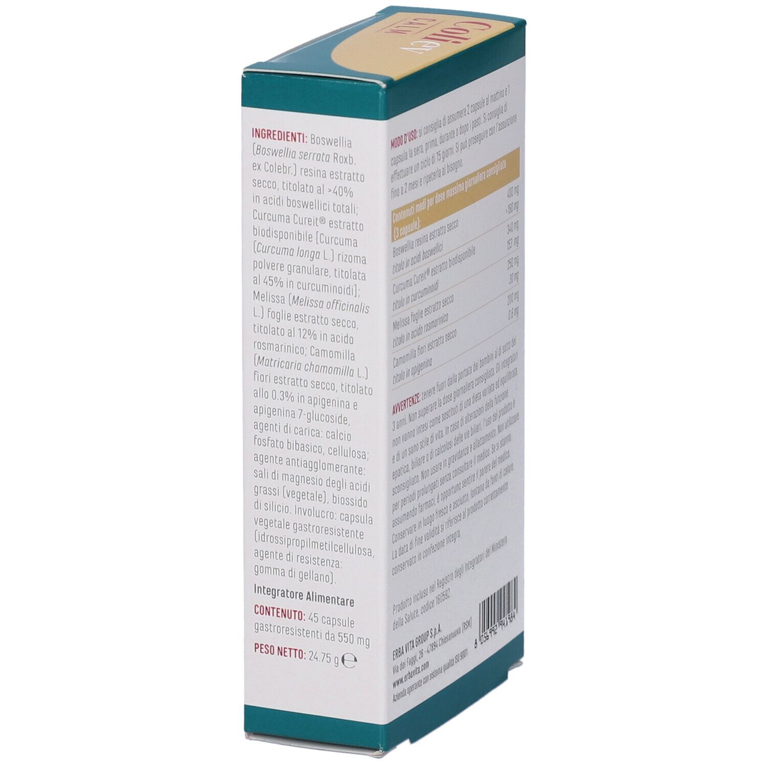 Scatola di capsule Coliev Calm. Calm, Azione Lenitiva sistema digerente. 45 capsule. Marchio: Erba Vita. Lato con ingredienti.