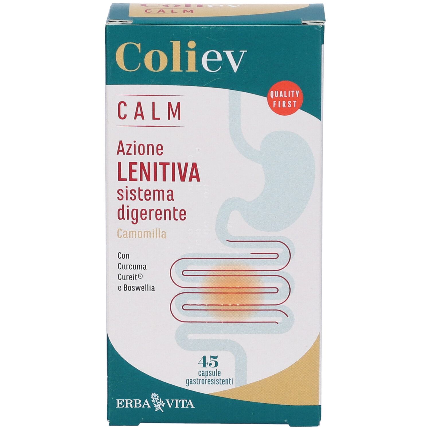 Scatola di capsule Coliev Calm. Calm, Azione Lenitiva sistema digerente. 45 capsule. Marchio: Erba Vita. Marchio di qualità.