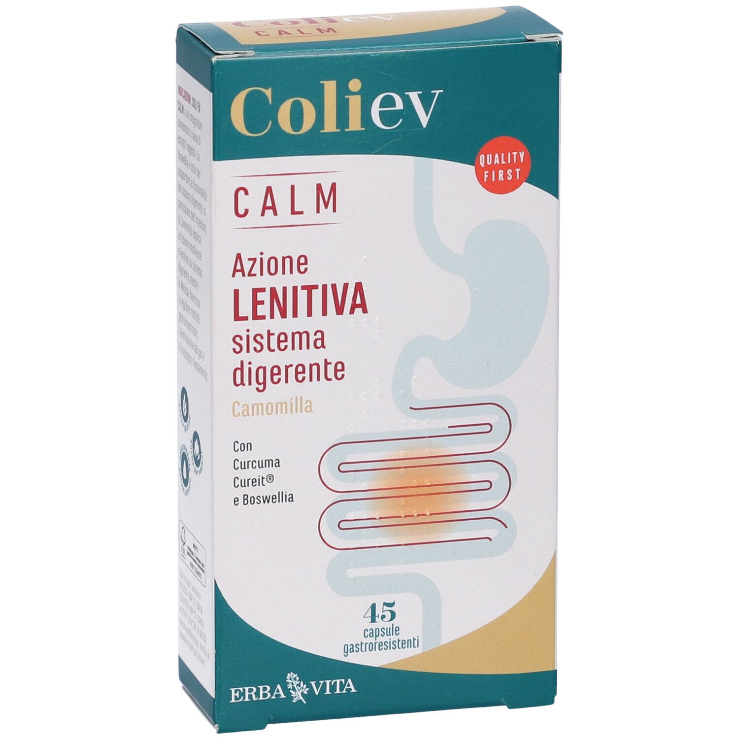 Scatola di capsule Coliev Calm. Calm, Azione Lenitiva sistema digerente. 45 capsule. Marchio: Erba Vita. Marchio di qualità.