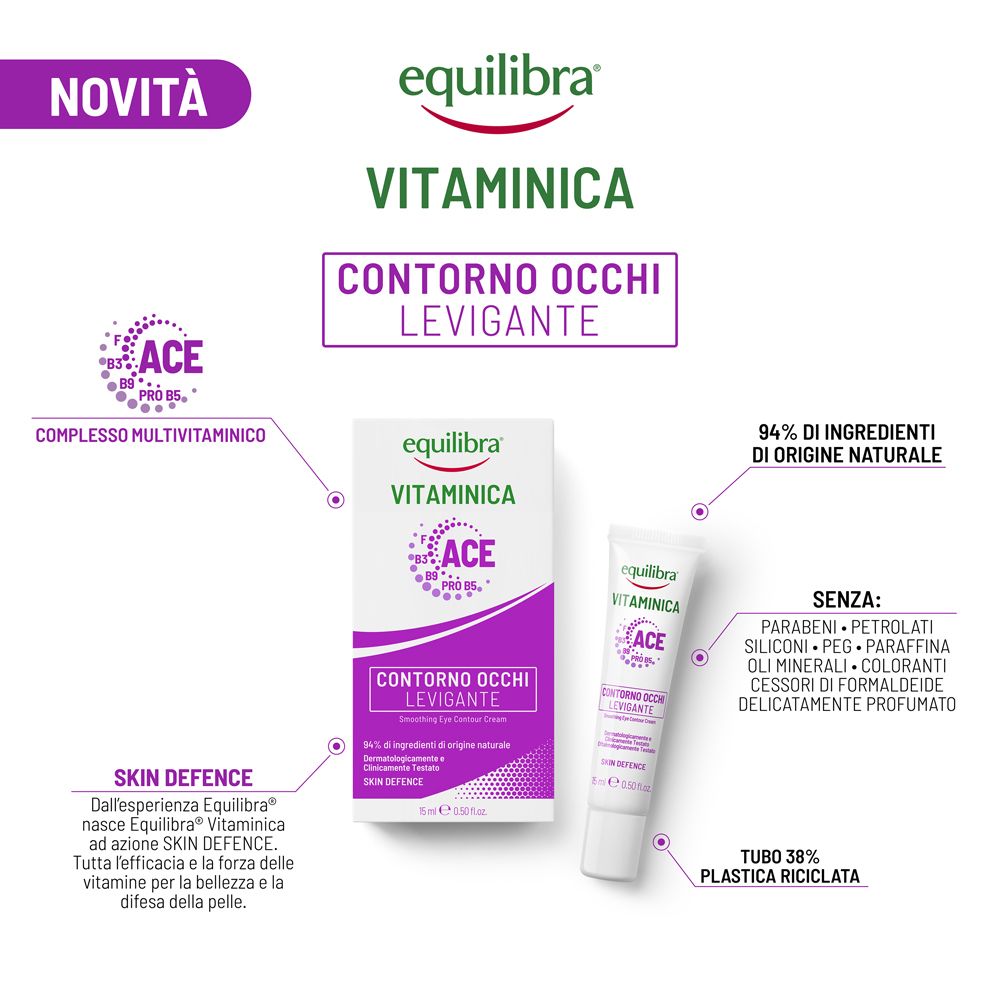 Confezione prodotto. Equilibra Vitaminica Contorno Occhi Levigante. 15 ml. Con testo e illustrazioni.