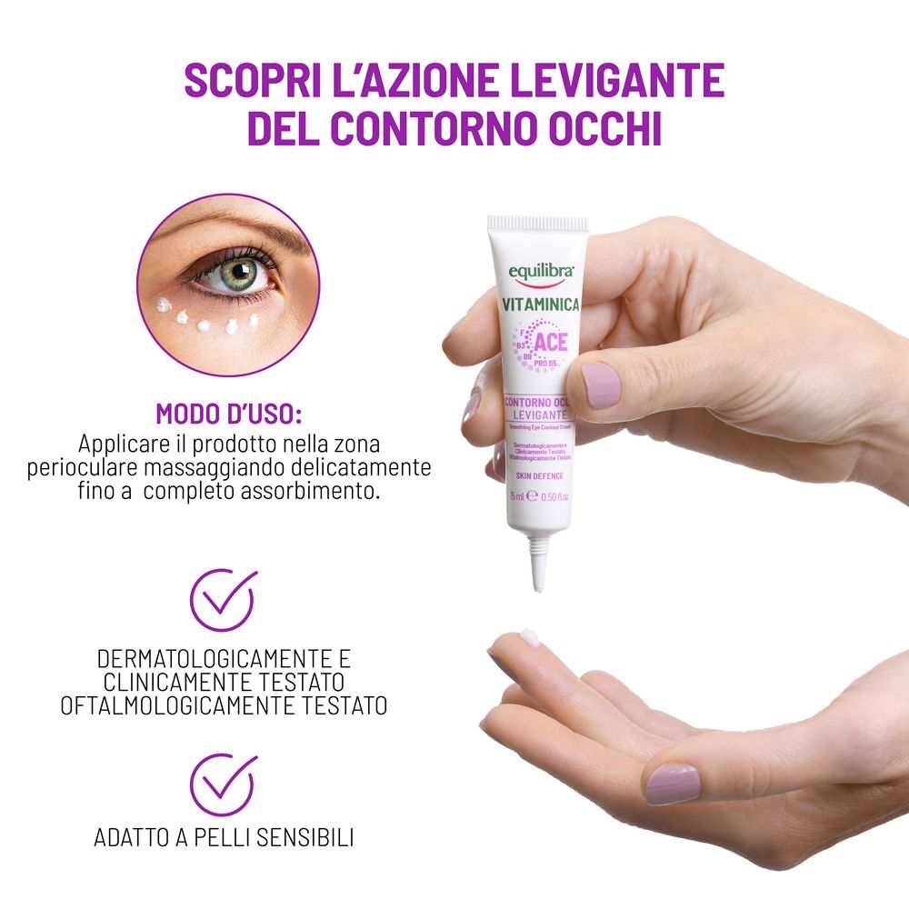 Prodotto e applicazione. Equilibra Vitaminica Contorno Occhi Levigante. Dermatologicamente testato.