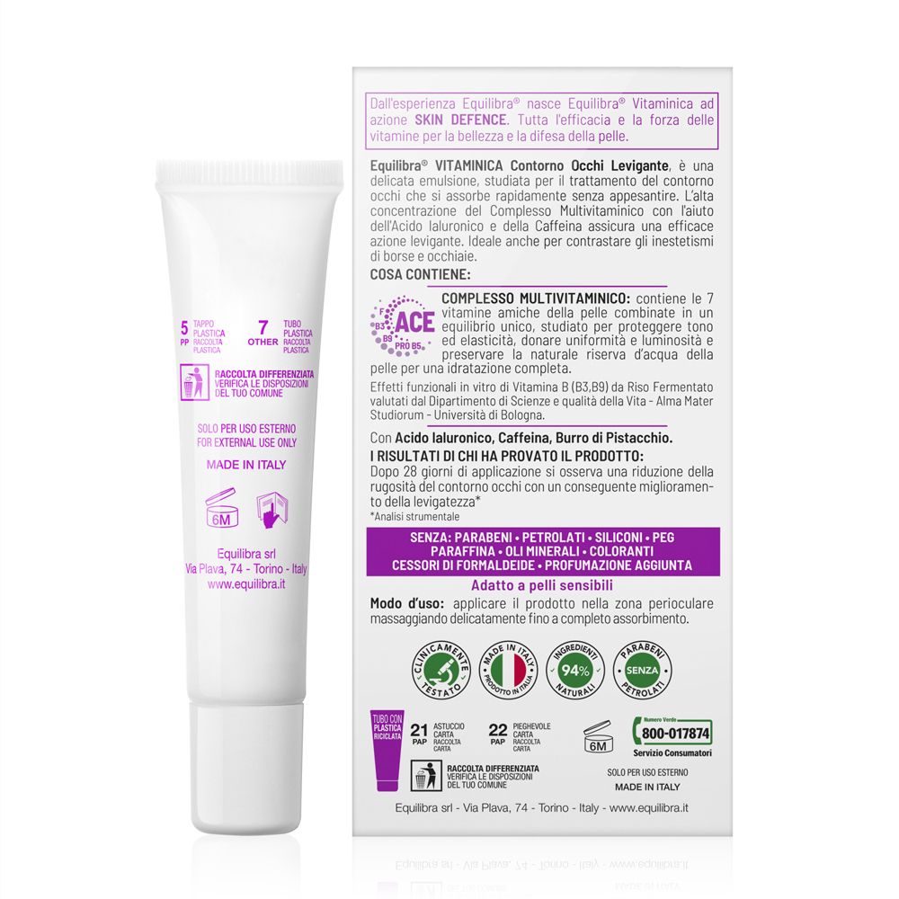 Retro del tubo. Equilibra Vitaminica Contorno Occhi Levigante. Testo, ingredienti, utilizzo.