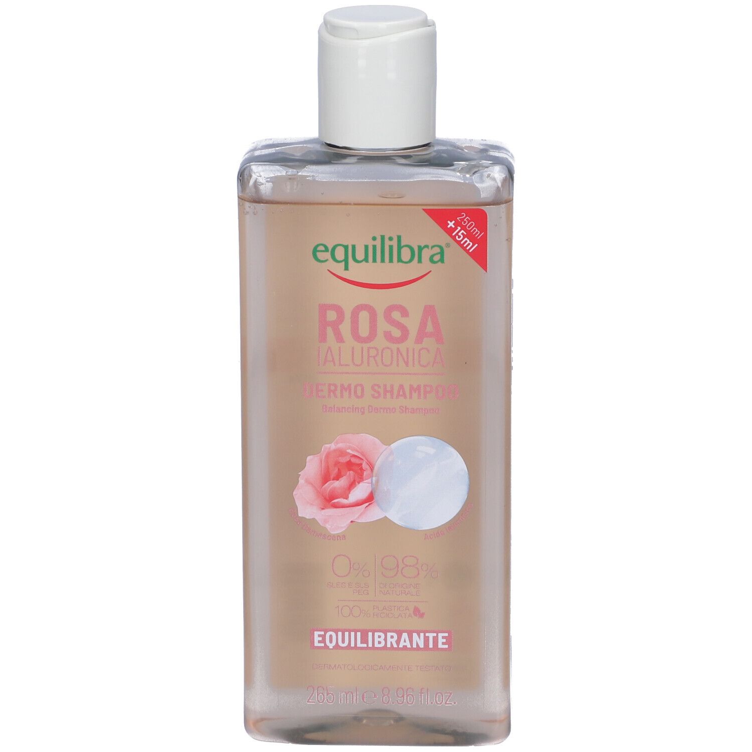 Flacone trasparente, liquido rosa. Etichetta con nome prodotto e rosa. Tappo bianco.