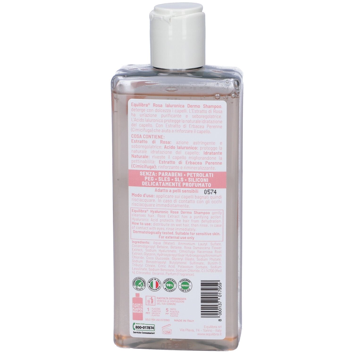 Retro flacone. Informazioni testuali, ingredienti e certificazioni. Sfondo rosa.