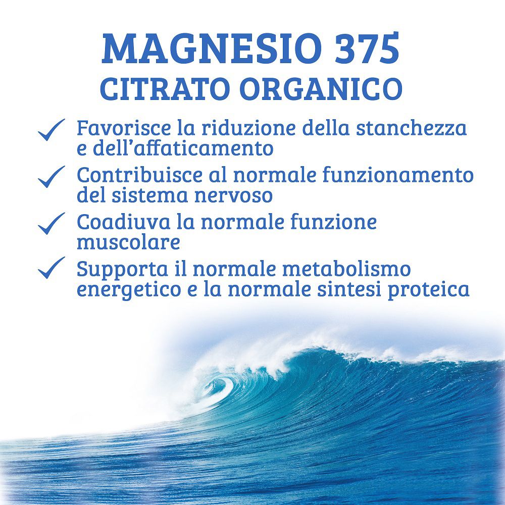 Vista dettagliata del fronte della confezione "Magnesio 375 Citrato Organico" con motivo a onde.
