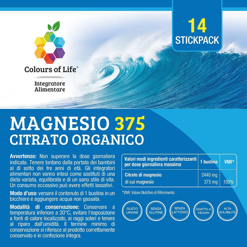 Retro della confezione "Magnesio 375 Citrato Organico" con valori nutrizionali e avvertenze.