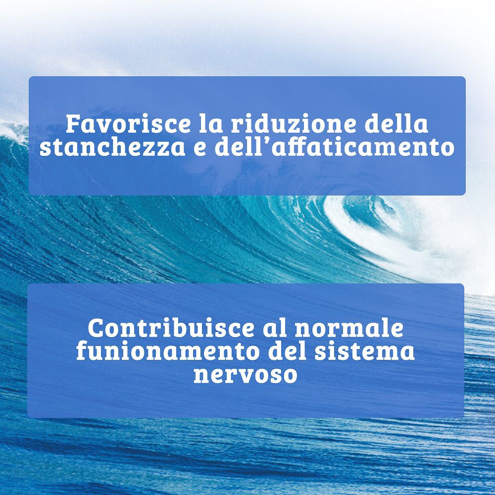 Vista dettagliata delle caselle di testo sulla confezione "Magnesio 375 Citrato Organico" con motivo a onde.