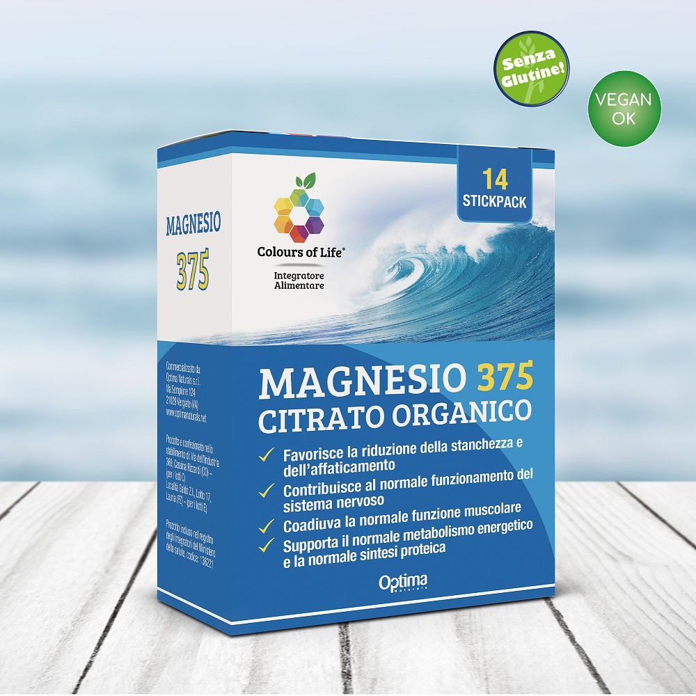 Confezione "Magnesio 375 Citrato Organico" con sigilli "Senza Glutine" e "Vegan OK".
