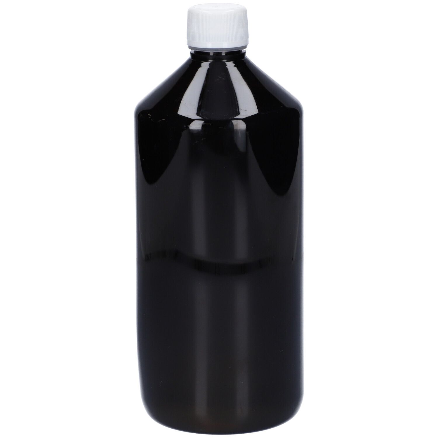 Flacone scuro con tappo bianco. Flacone con liquido. Nessuna etichetta visibile.