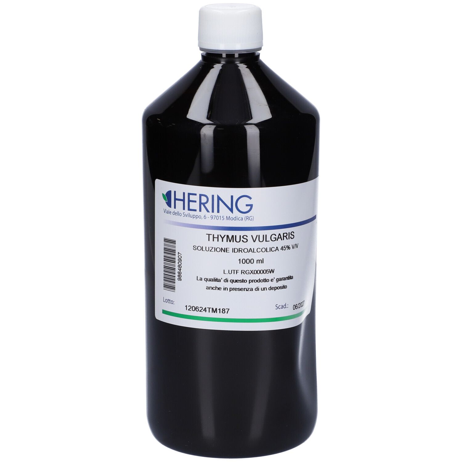 Flacone scuro con tappo bianco. Etichetta con logo HERING e nome prodotto Thymus Vulgaris. 1000 ml.