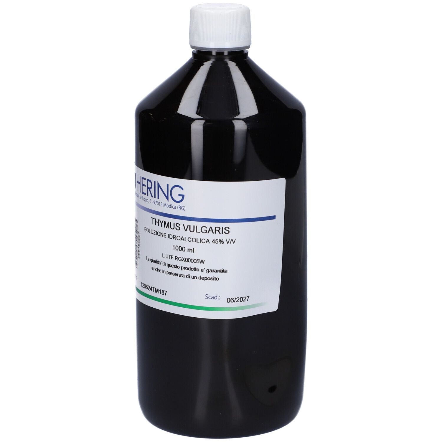 Flacone scuro con tappo bianco. Etichetta con logo HERING e nome prodotto Thymus Vulgaris. 1000 ml.