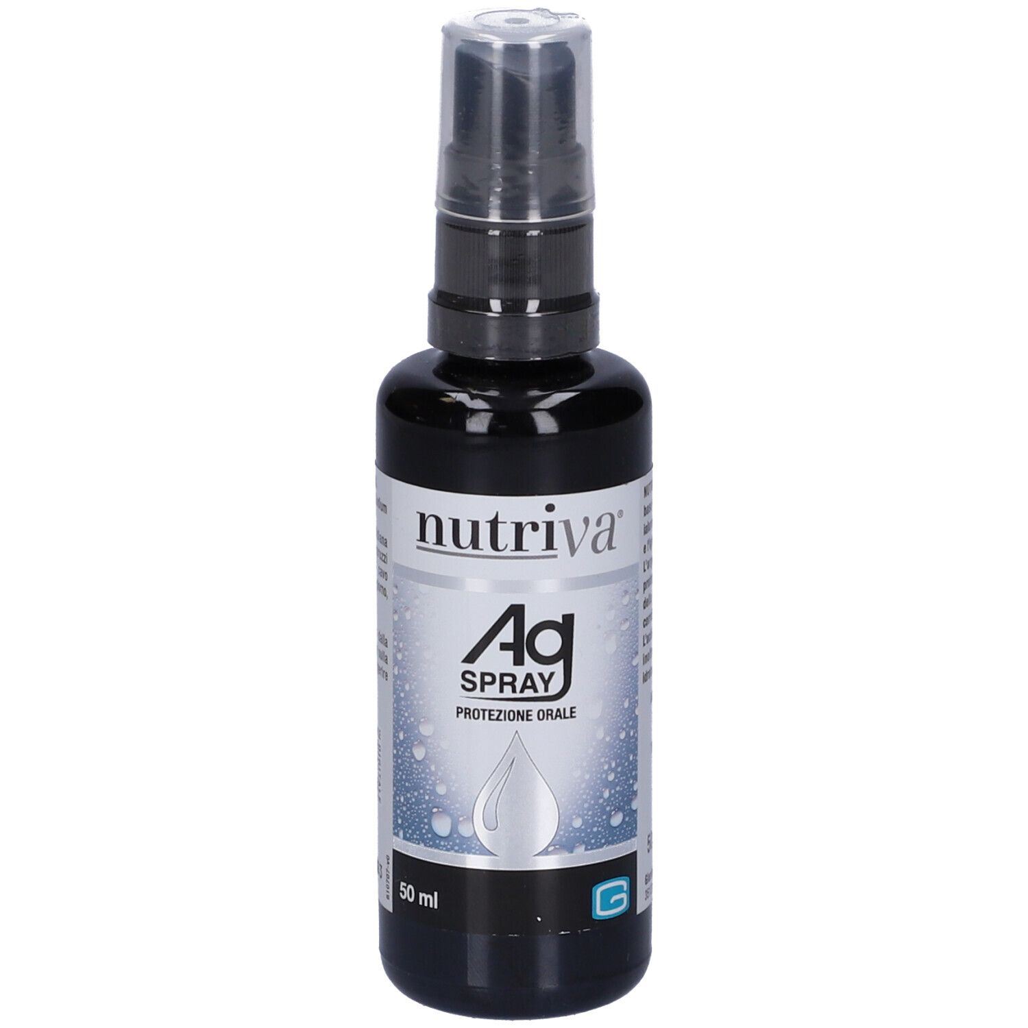 Flacone spray nero con etichetta bianca. Scritta: Nutriva Ag Spray, Protezione Orale. 50 ml.