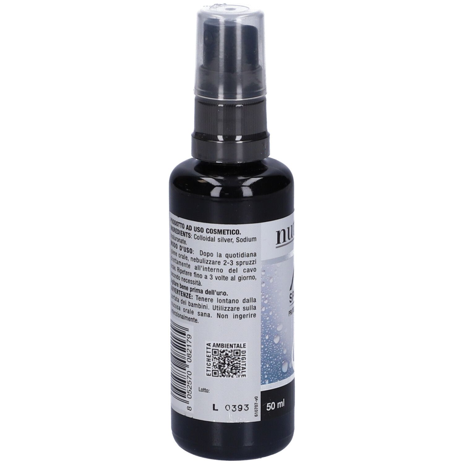 Retro del flacone spray nero. Testo: ingredienti, istruzioni per l'uso, avvertenze, numero di lotto, 50 ml.