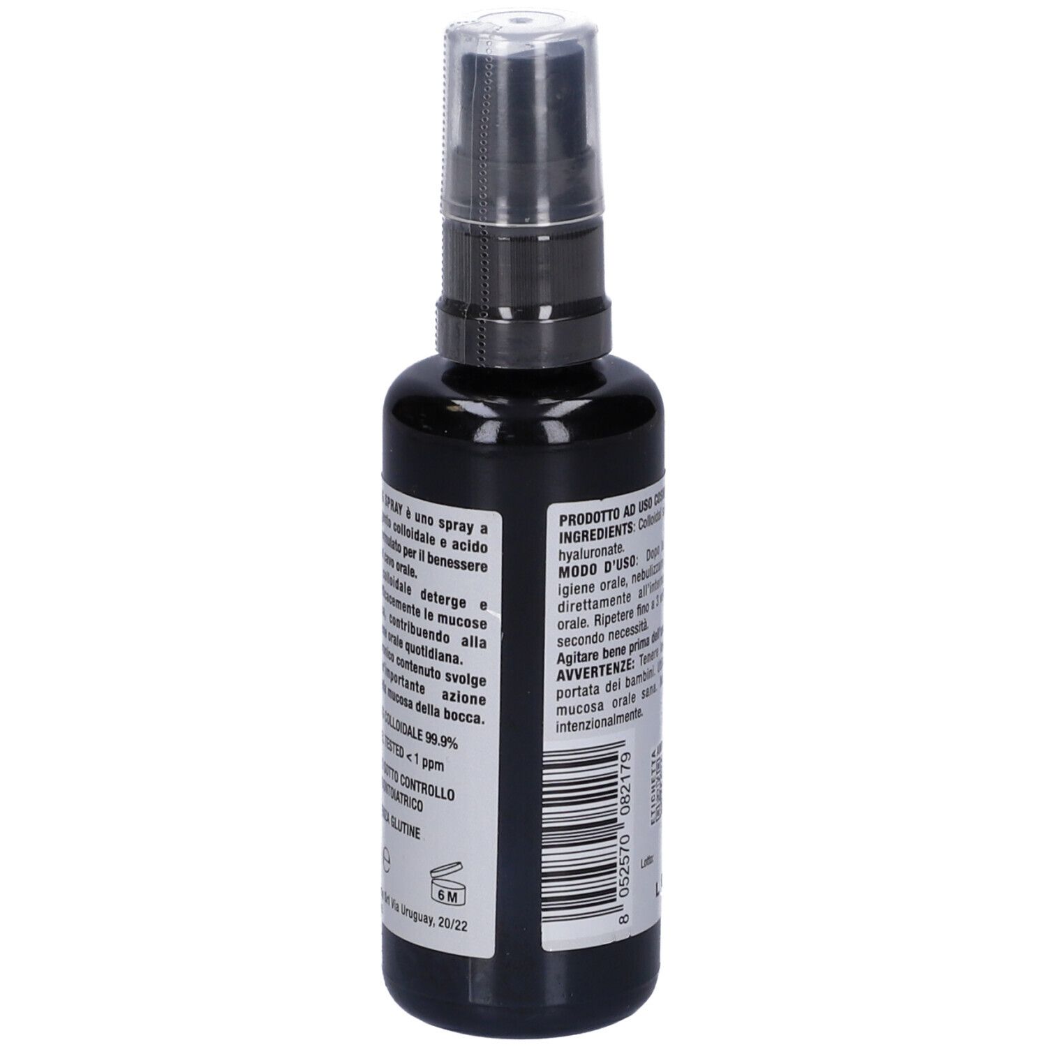 Retro del flacone spray nero. Testo: ingredienti, istruzioni per l'uso, avvertenze, numero di lotto, 50 ml.