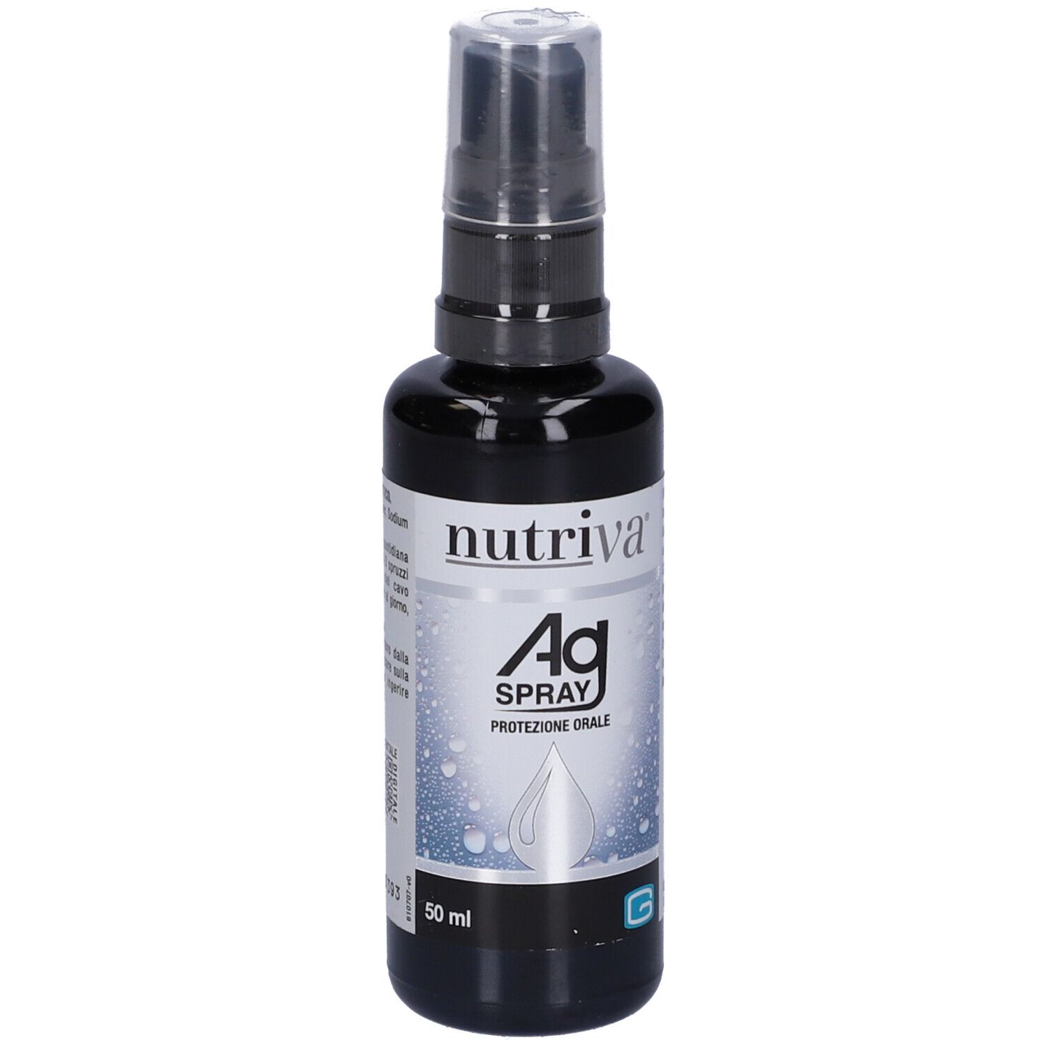 Flacone spray nero con etichetta bianca. Scritta: Nutriva Ag Spray, Protezione Orale. 50 ml.