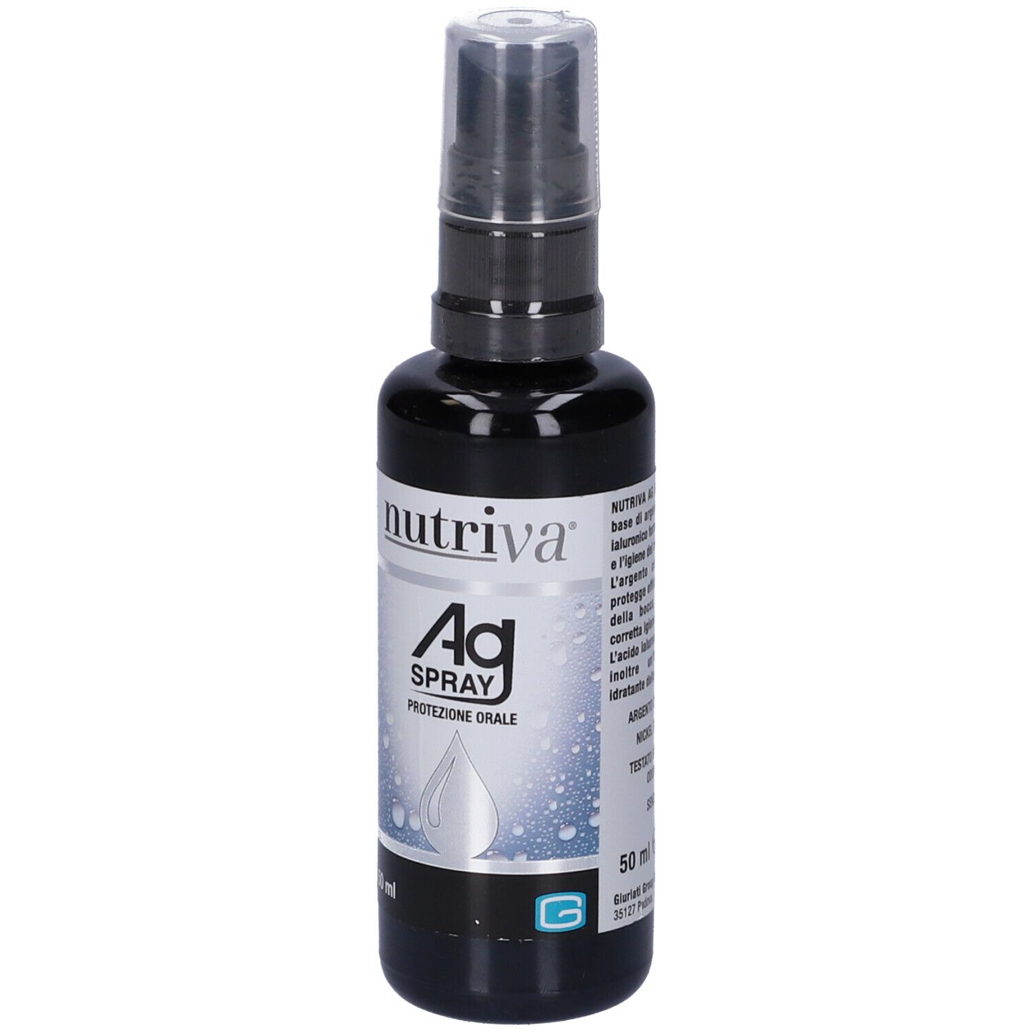 Flacone spray nero con etichetta bianca. Scritta: Nutriva Ag Spray, Protezione Orale. 50 ml.