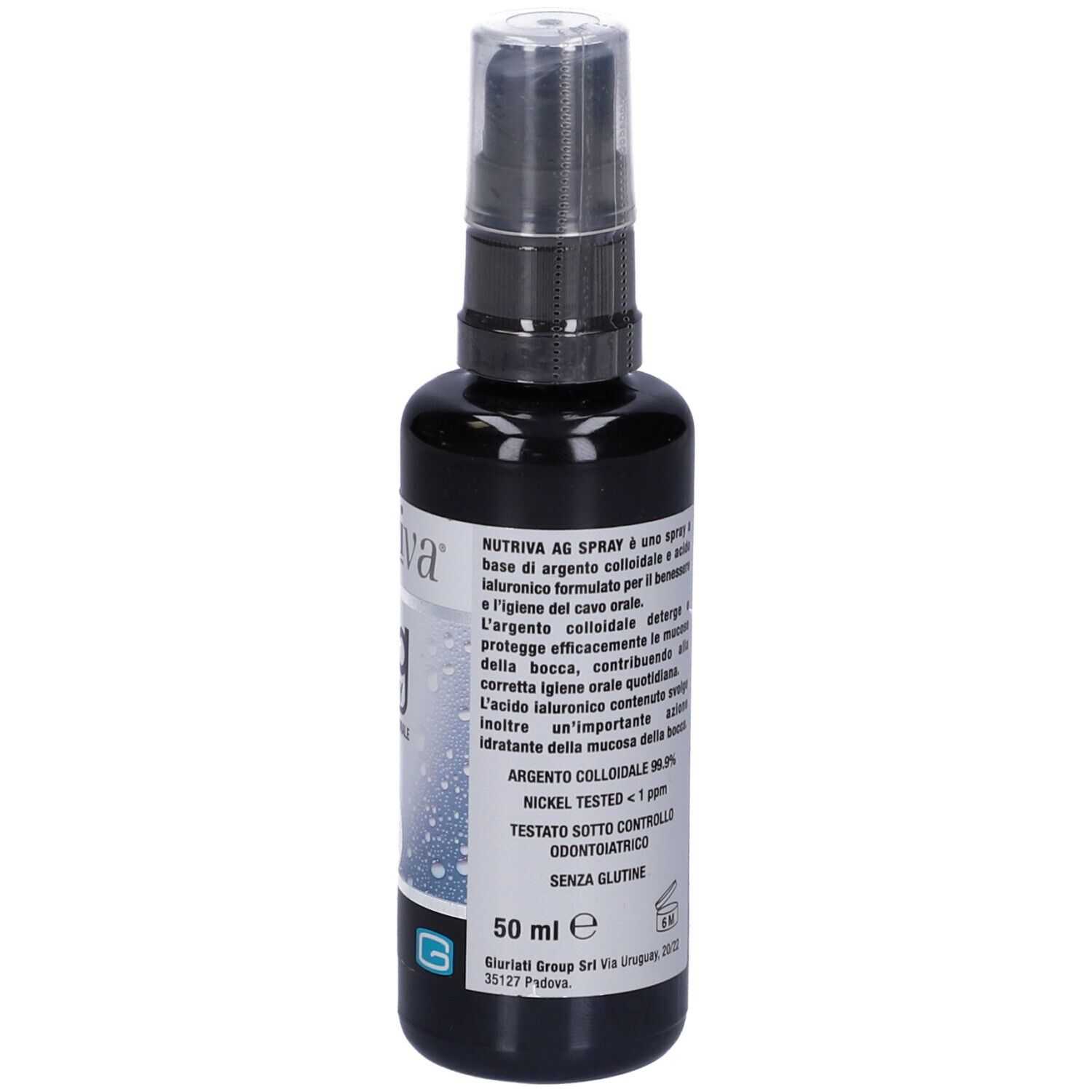 Flacone spray nero con etichetta bianca. Testo: Nutriva Ag Spray, Protezione Orale, 50 ml. Nickel testato <1 ppm.