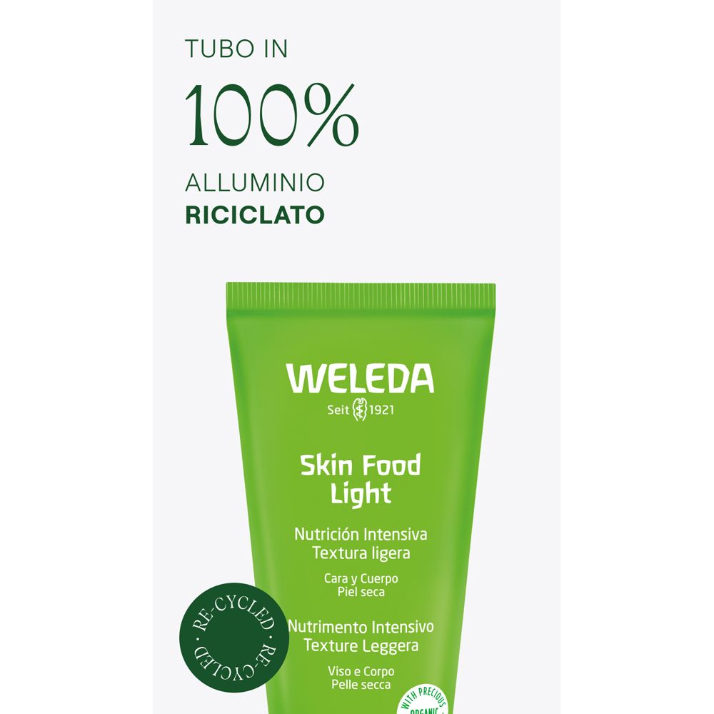 Tubo verde con scritta: WELEDA, Skin Food Light. Testo: 100% alluminio riciclato. Sigillo Re-cycled.