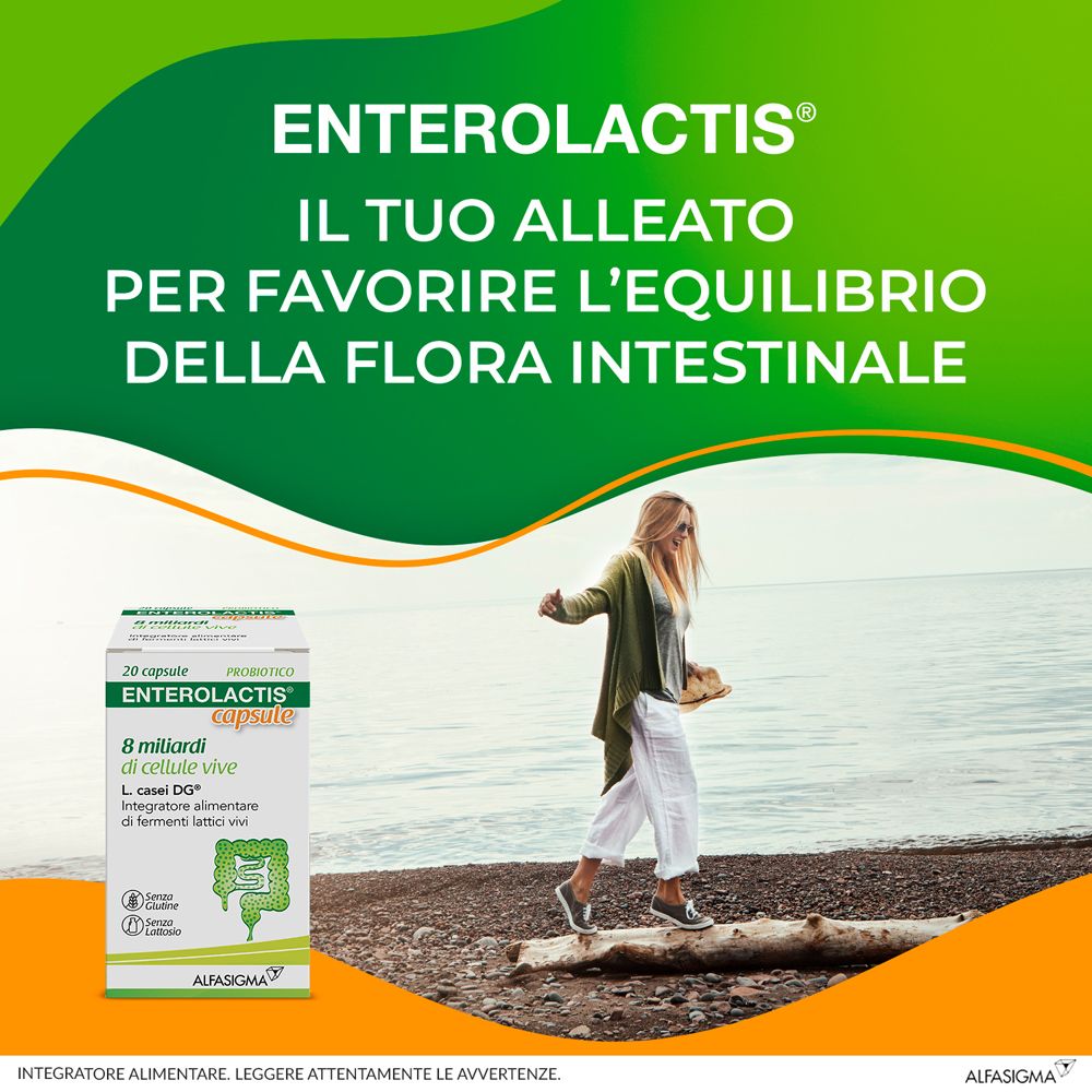 Pubblicità per Enterolactis capsule. Donna che cammina sulla spiaggia. Testo: Favorisce l'equilibrio della flora intestinale.