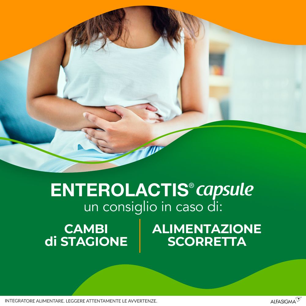 Pubblicità per Enterolactis capsule. Donna si tiene la pancia. Testo: In caso di cambi di stagione e alimentazione scorretta.
