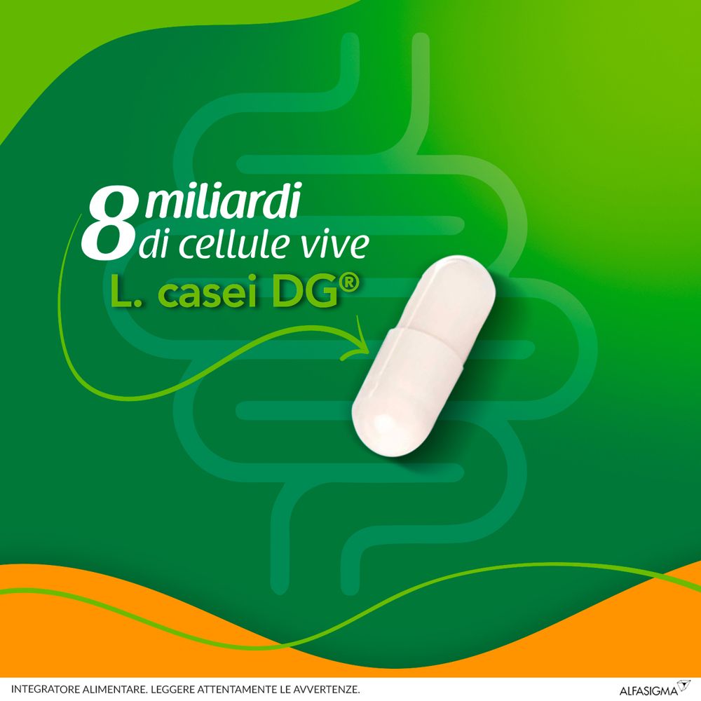 Una capsula bianca. Su sfondo verde. Testo: 8 miliardi di cellule vive. L. casei DG®.