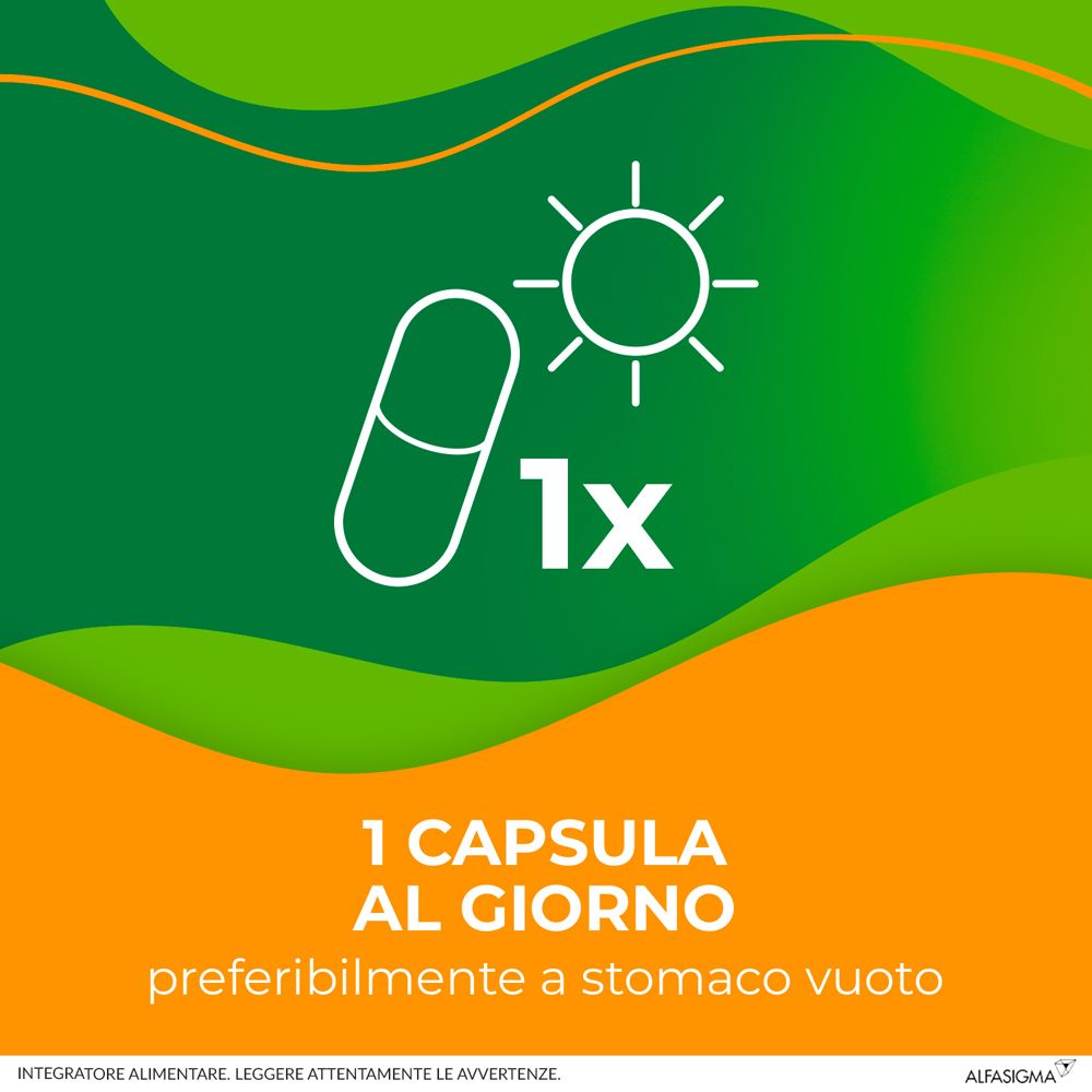 Grafica: Una capsula e sole. Testo: 1 capsula al giorno, preferibilmente a stomaco vuoto.