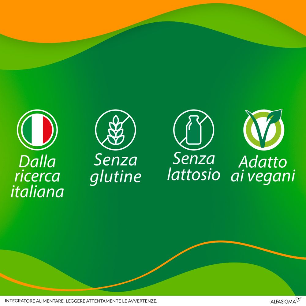 Simboli: Ricerca italiana, senza glutine, senza lattosio, adatto ai vegani.